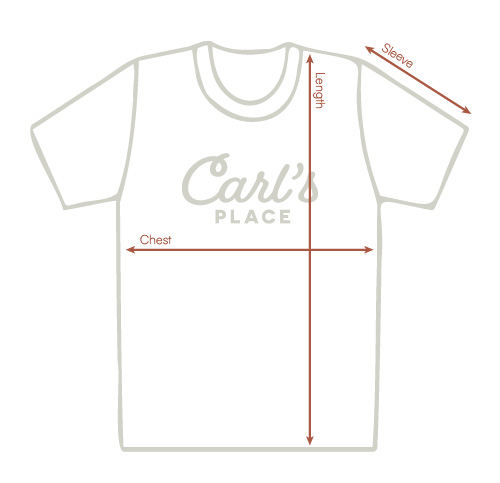 Sizing chart for Carl's golf simulator T-shirts