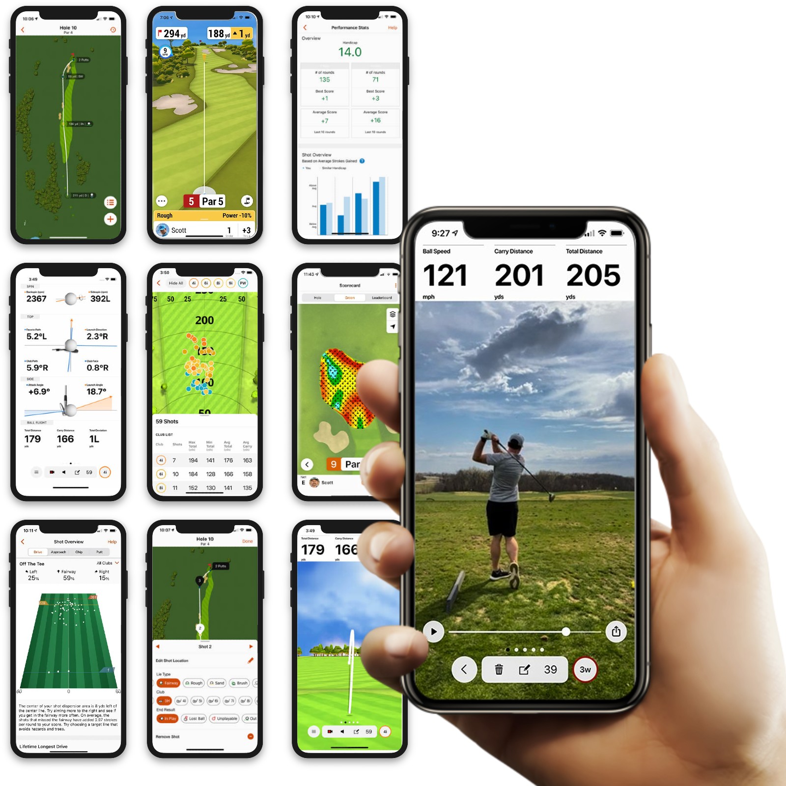 Garmin R10 screenshots of Garmin Golf app analyzing swing