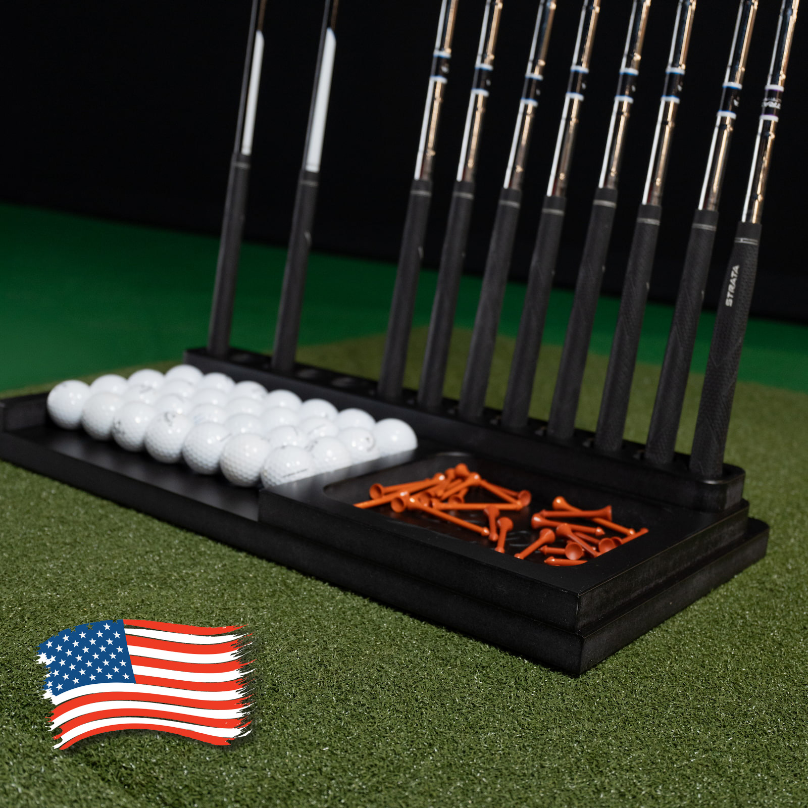 Carls golf club holder in simulator with USA flag